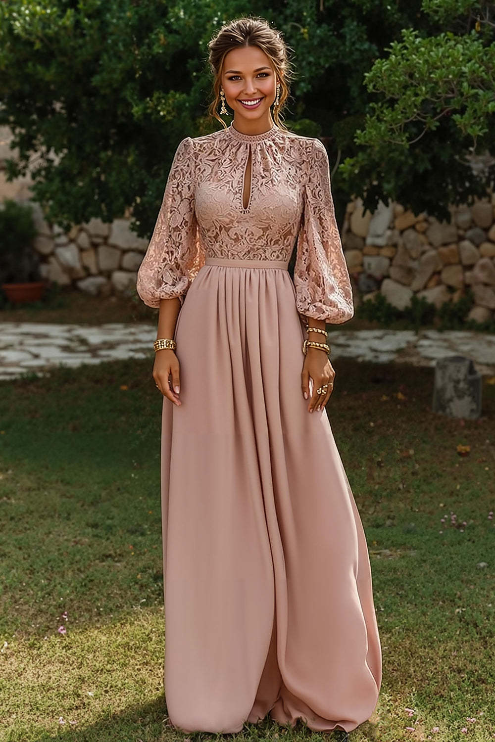 Dusty Blue Puff Sleeves Long A Line Mother of the Bride Dress with Keyhole