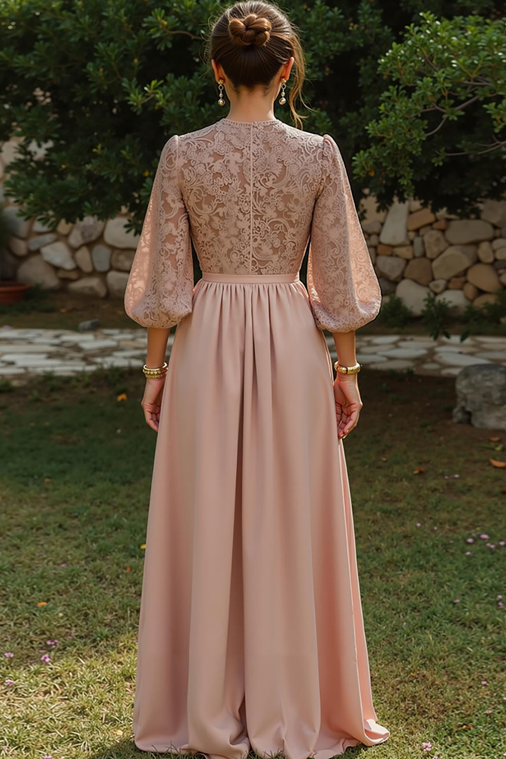 Dusty Blue Puff Sleeves Long A Line Mother of the Bride Dress with Keyhole