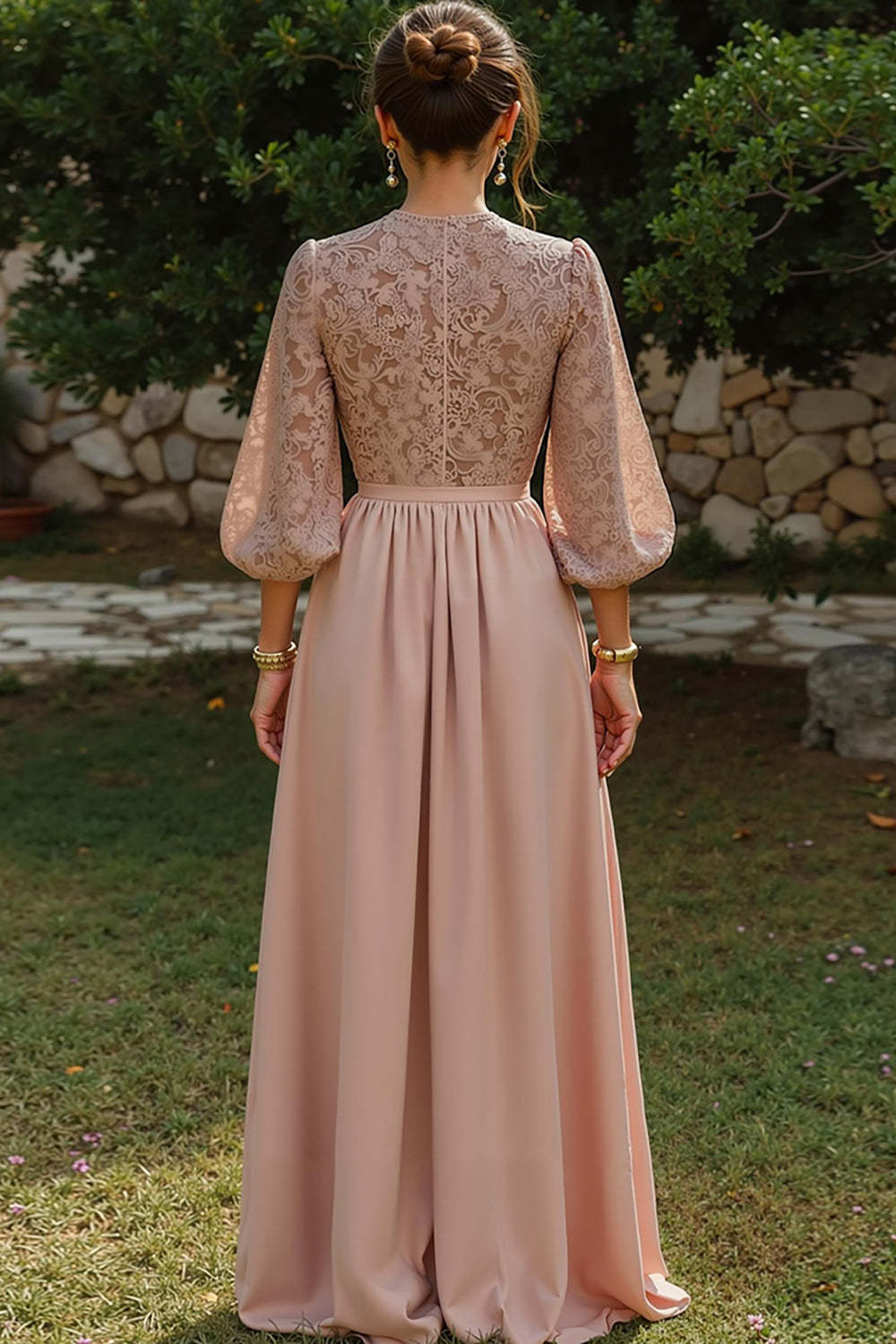 Dusty Blue Puff Sleeves Long A Line Mother of the Bride Dress with Keyhole