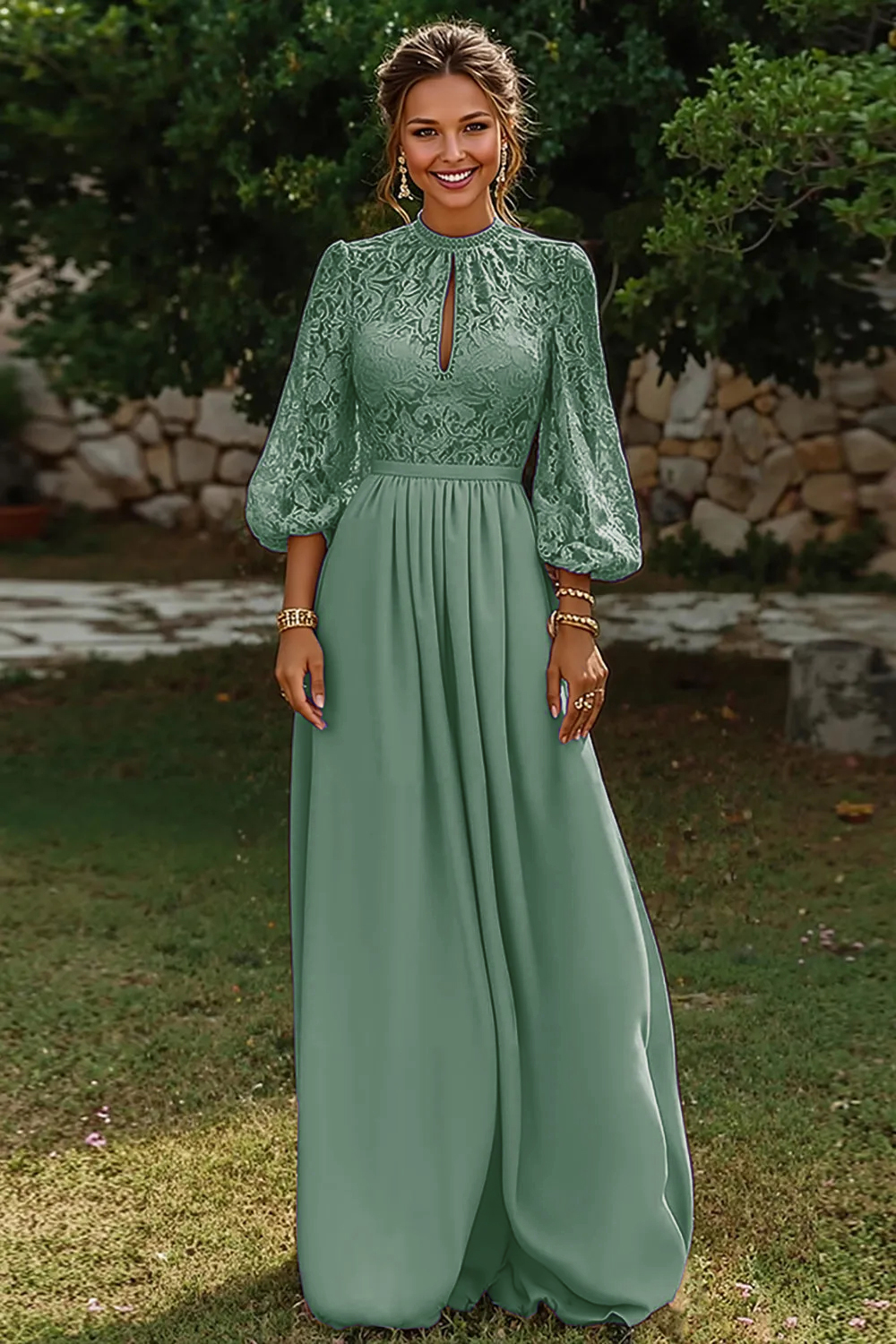 Dusty Blue Puff Sleeves Long A Line Mother of the Bride Dress with Keyhole