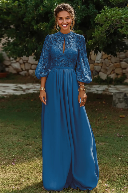 Dusty Blue Puff Sleeves Long A Line Mother of the Bride Dress with Keyhole