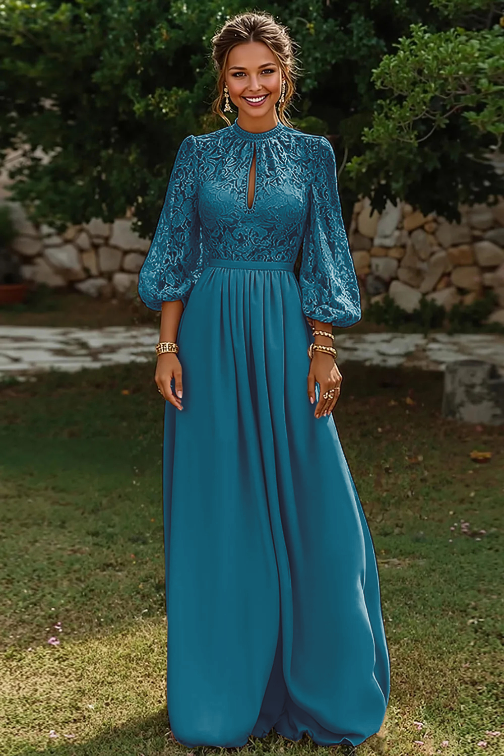Dusty Blue Puff Sleeves Long A Line Mother of the Bride Dress with Keyhole