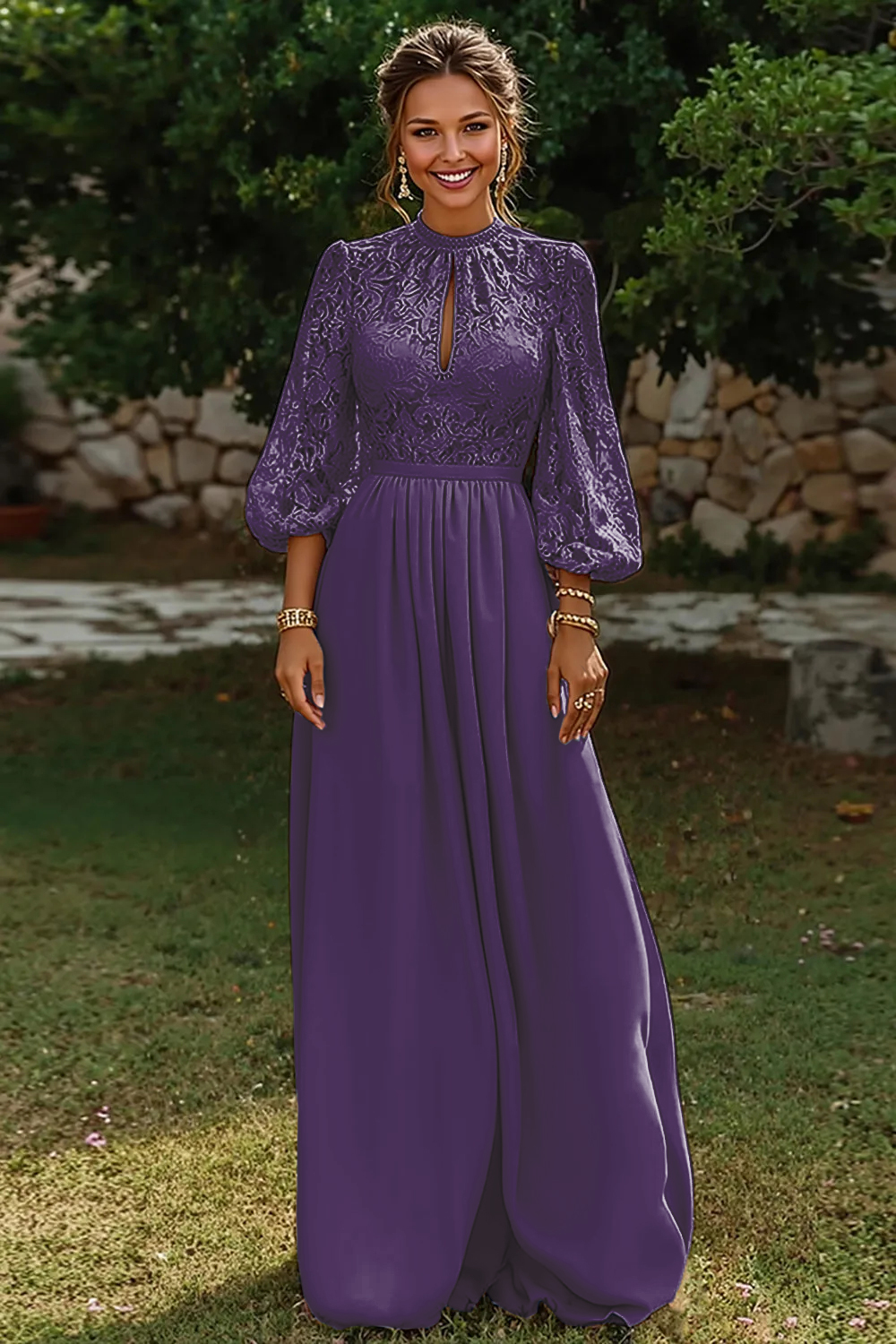 Dusty Blue Puff Sleeves Long A Line Mother of the Bride Dress with Keyhole