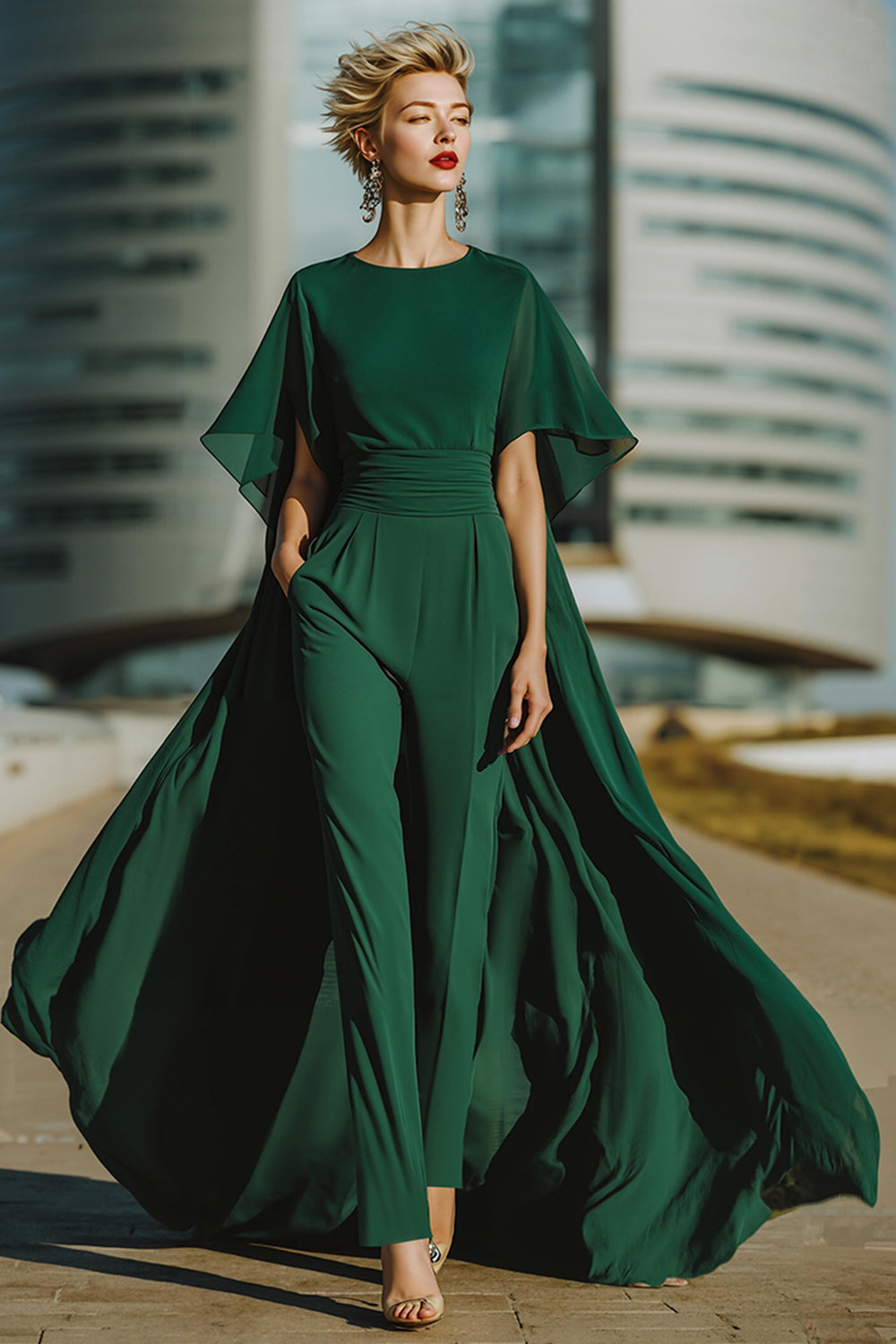 Dark Green Jewel Neck Long Mother of the Bride Pantsuits with Cape