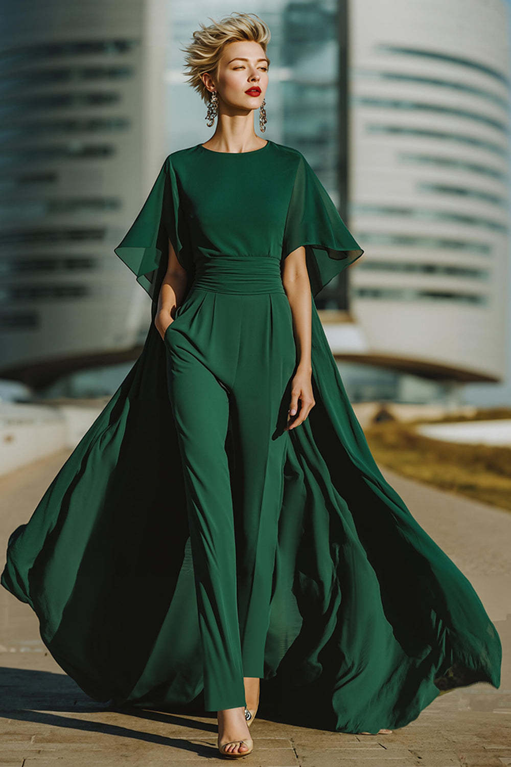 Leely Women Dark Green Long Mother of the Bride Pantsuits with Cape Ruched Jewel Neck Wedding Guest Pantsuits