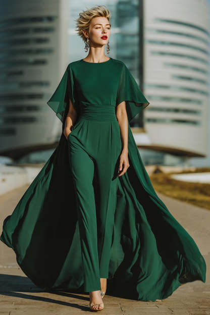 Leely Women Dark Green Long Mother of the Bride Pantsuits with Cape Ruched Jewel Neck Wedding Guest Pantsuits