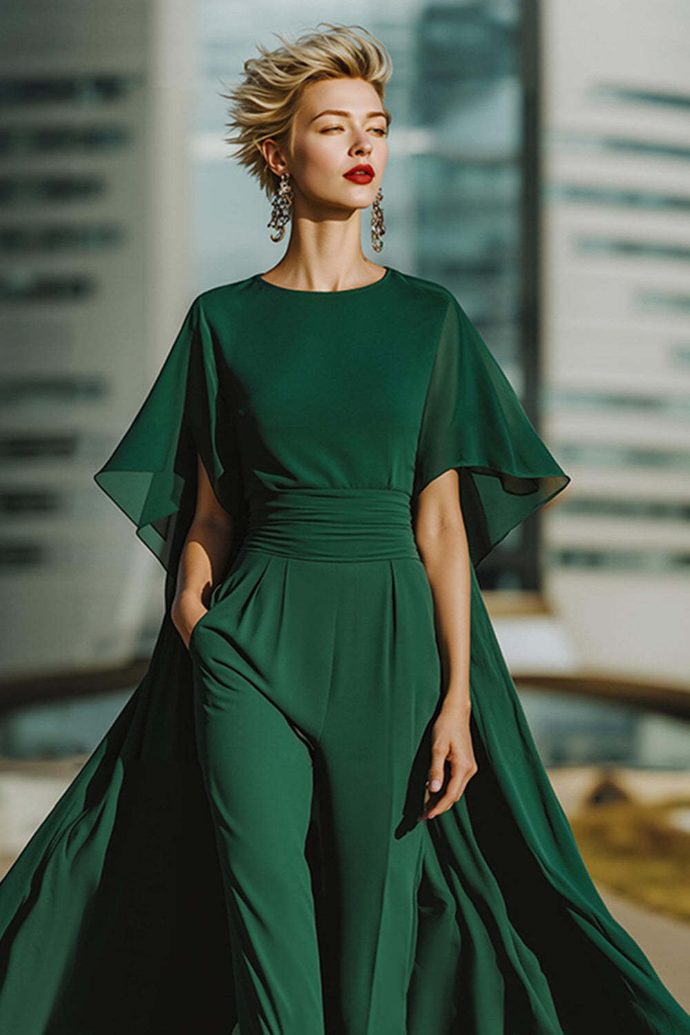 Dark Green Jewel Neck Long Mother of the Bride Pantsuits with Cape