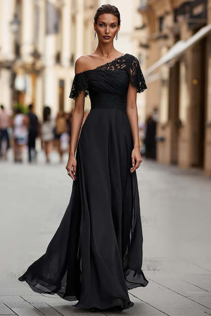 Leely Women Black Long Chiffon Mother of the Bride Dress with Lace One Shoulder A Line Ruched Black Tie Dress with Sleeves