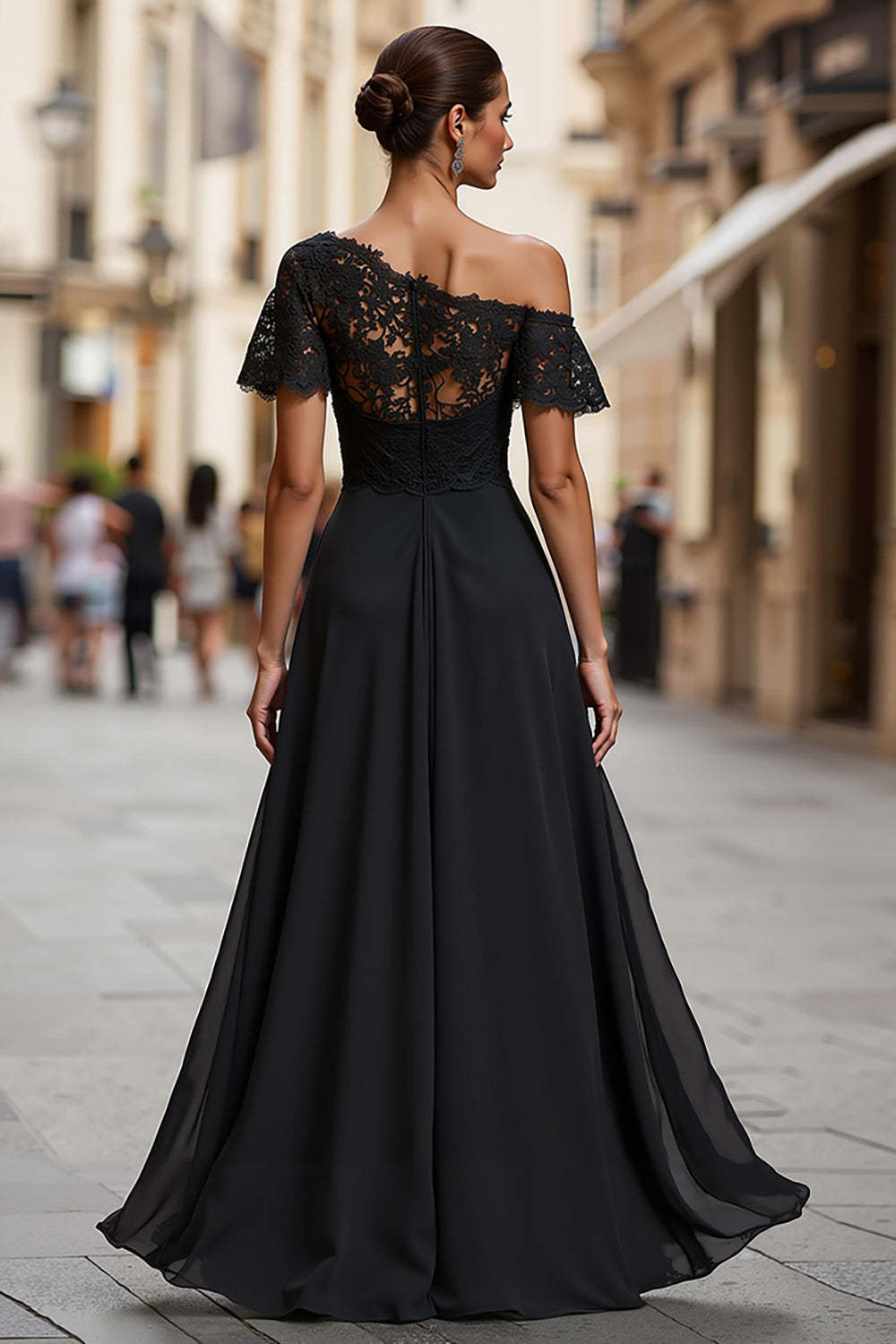 Black Chiffon A Line Long Mother of the Bride Dress with Lace