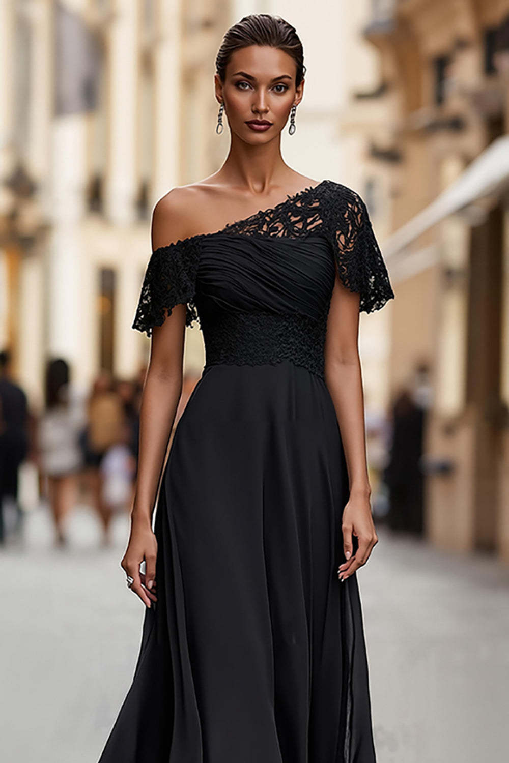 Black Chiffon A Line Long Mother of the Bride Dress with Lace