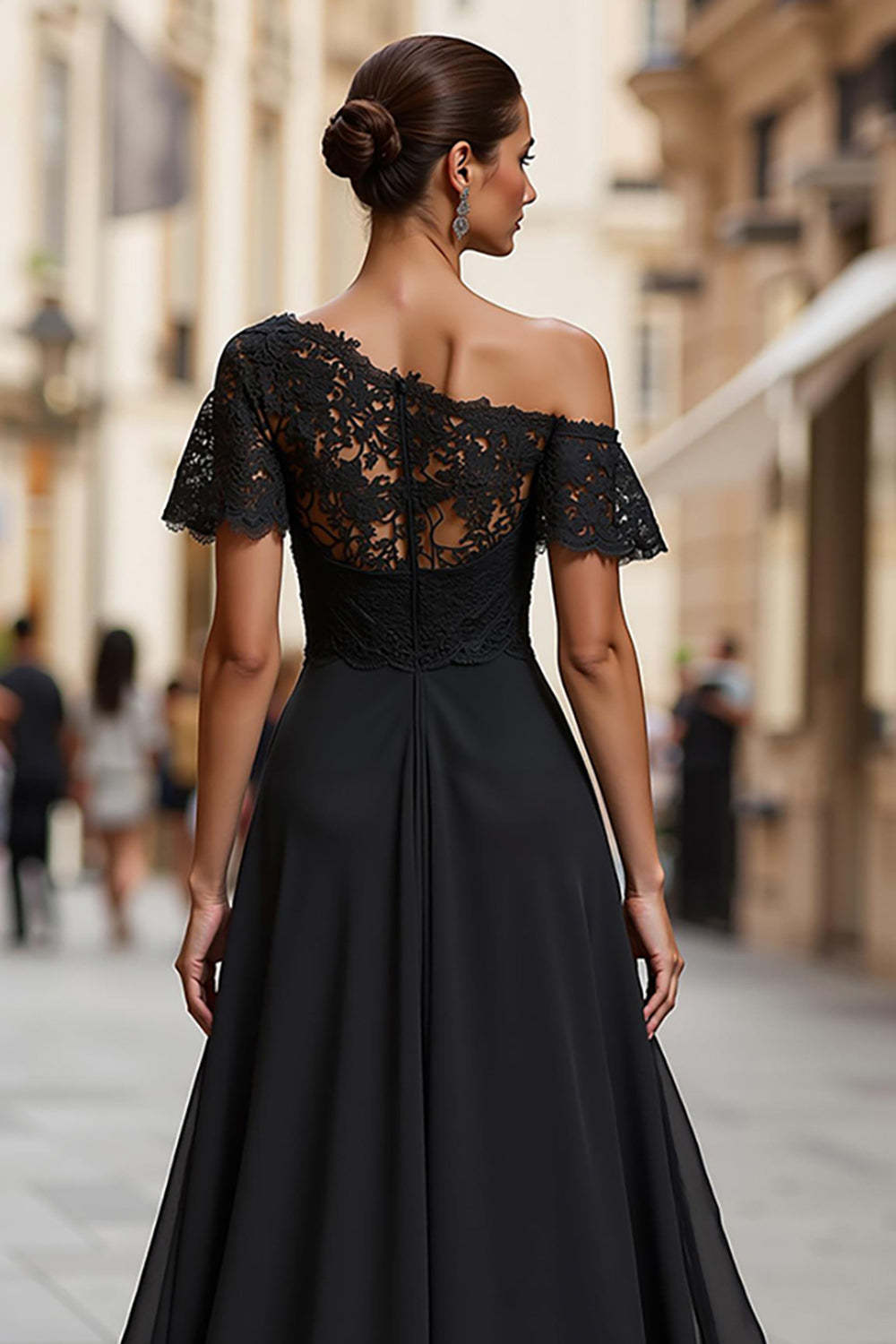 Black Chiffon A Line Long Mother of the Bride Dress with Lace