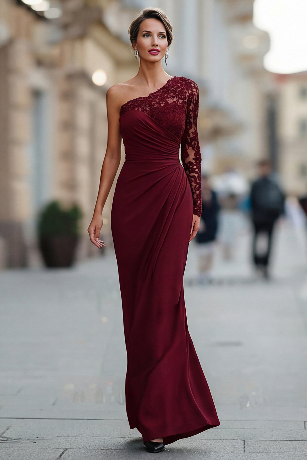 Black Mermaid One Shoulder Long Mother of the Bride Dress with Lace