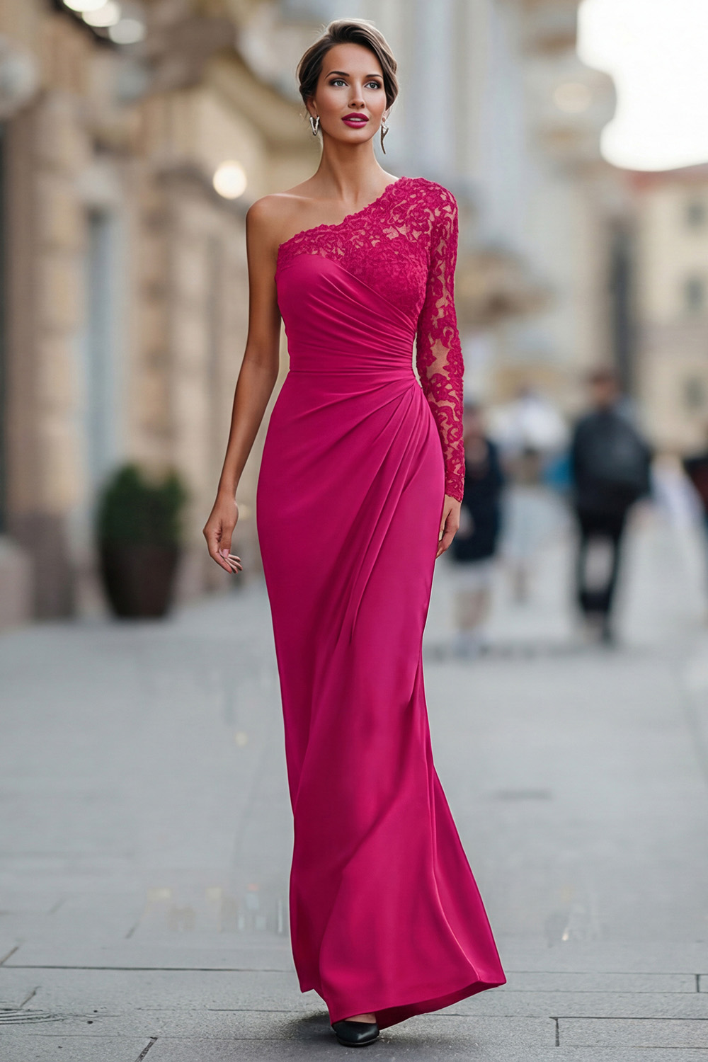 Black Mermaid One Shoulder Long Mother of the Bride Dress with Lace