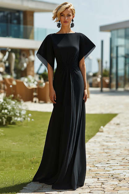 Leely Women Black Long Mother of the Bride Dress with Sleeves Bateau Neck Sheath Black Tie Dress