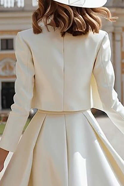Ivory Satin 2 Piece Boat Neck Midi Wedding Dress with Jacket