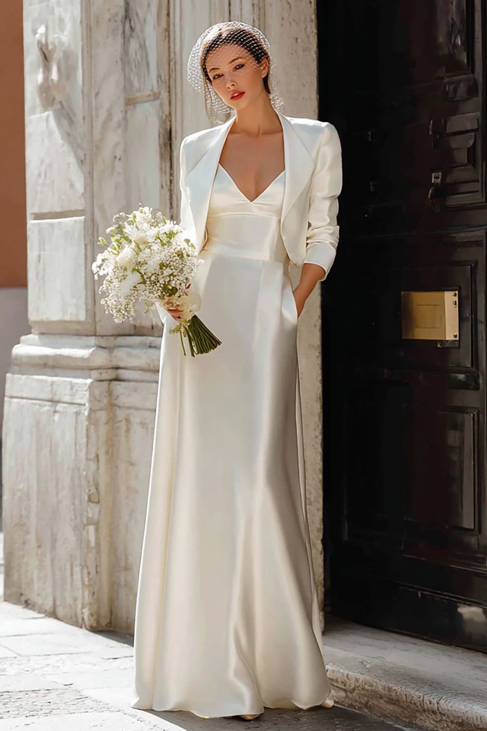 Ivory Satin Sheath 2 Piece V Neck Floor Length Wedding Dress with Jacket
