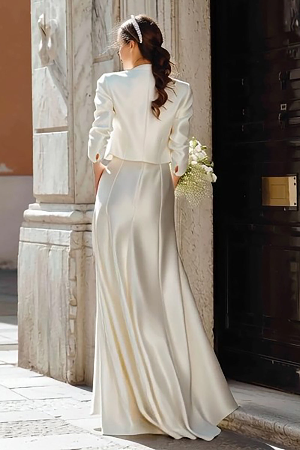 Ivory Satin Sheath 2 Piece V Neck Floor Length Wedding Dress with Jacket