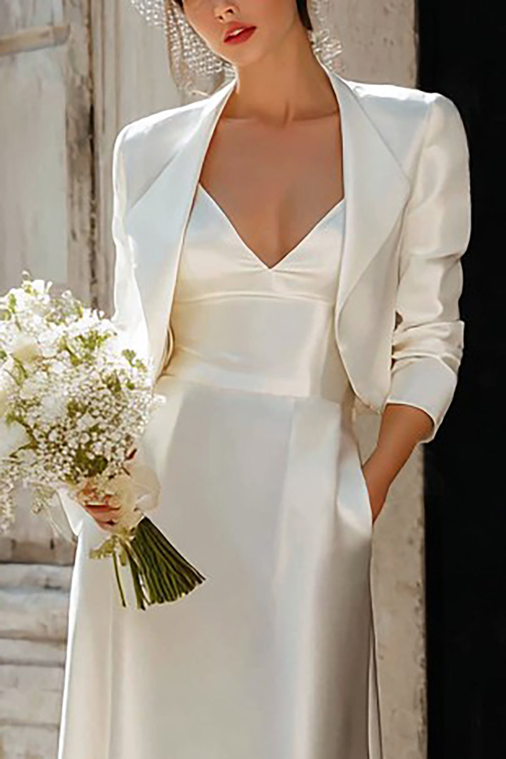 Ivory Satin Sheath 2 Piece V Neck Floor Length Wedding Dress with Jacket