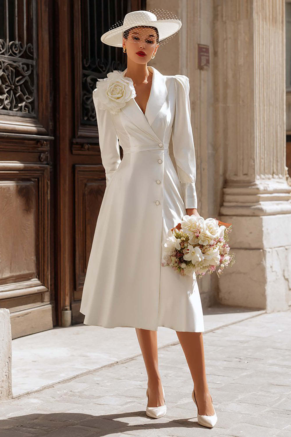 Leely Women Ivory Midi Blazer Wedding Dress with Flower Shawl Lapel Single Breasted A Line Bridal Blazer Dress with Sleeves