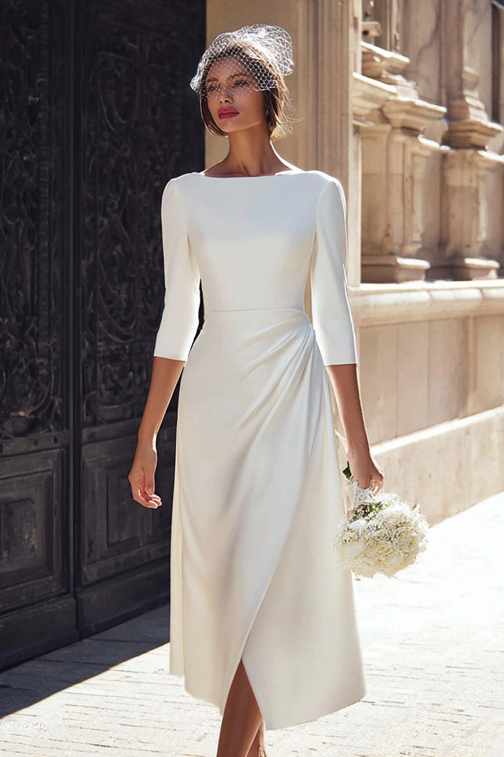 Leely Women Ivory Satin Midi Wedding Dress with Slit Bateau Neck A Line Ruched Engagement Dress with Sleeves