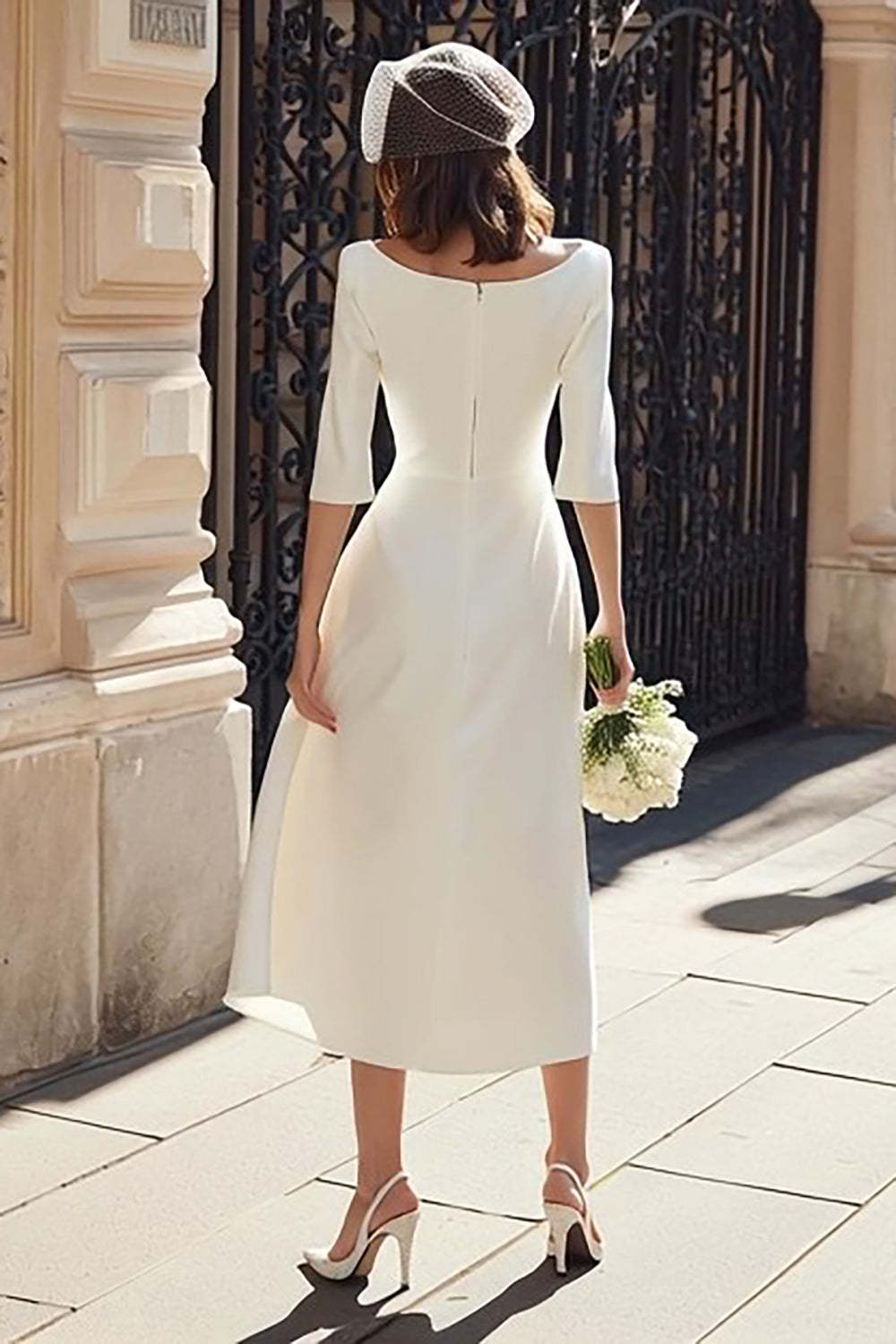 Ivory A Line Bateau Neck Satin Midi Wedding Dress