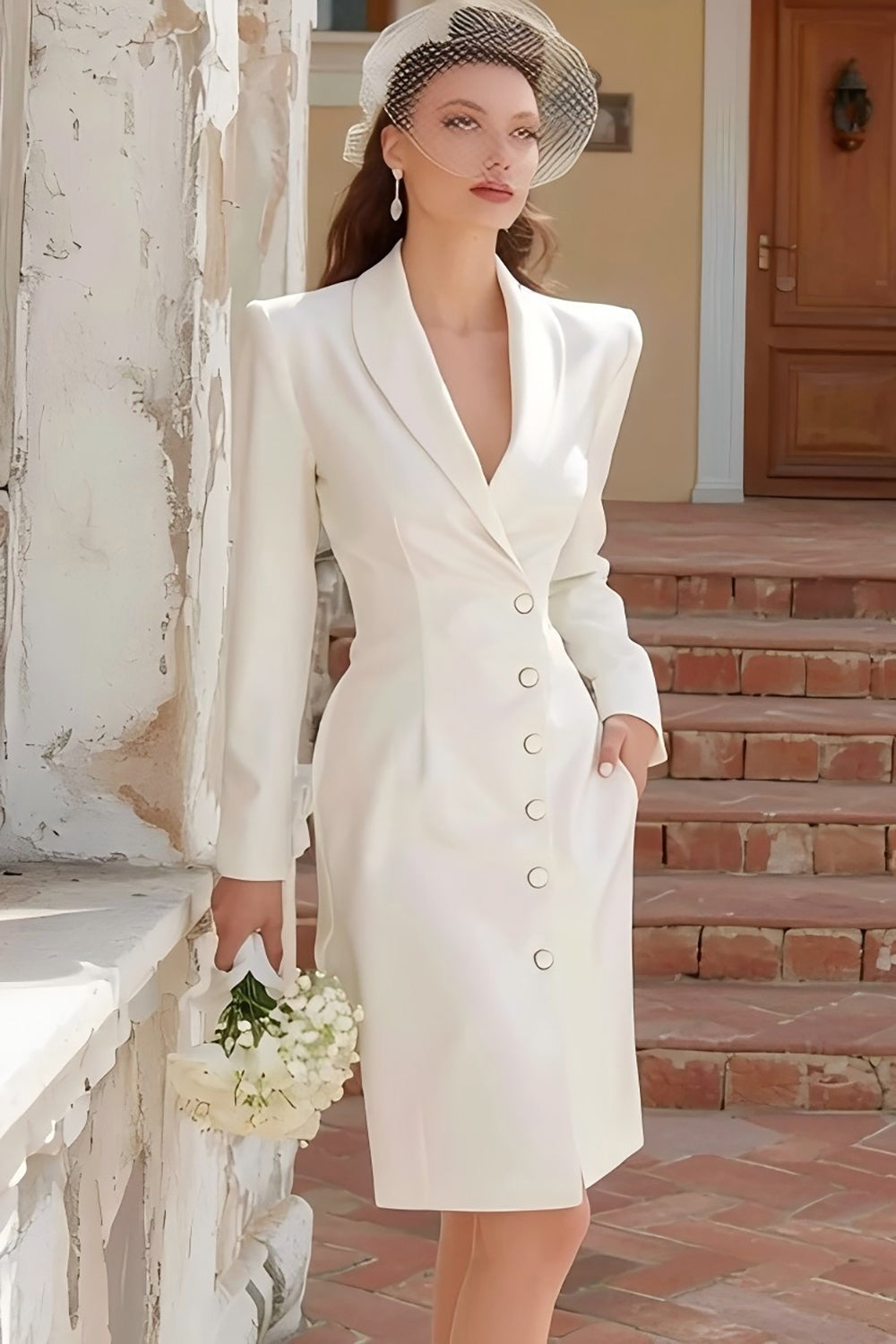 Leely Women Ivory Midi Satin Blazer Wedding Dress Shawl Lapel Single Breasted Bodycon Bridal Blazer Dress with Sleeves