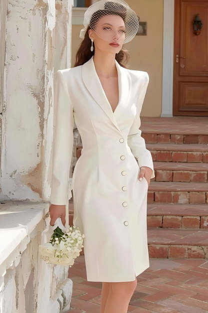 Leely Women Ivory Midi Satin Blazer Wedding Dress Shawl Lapel Single Breasted Bodycon Bridal Blazer Dress with Sleeves
