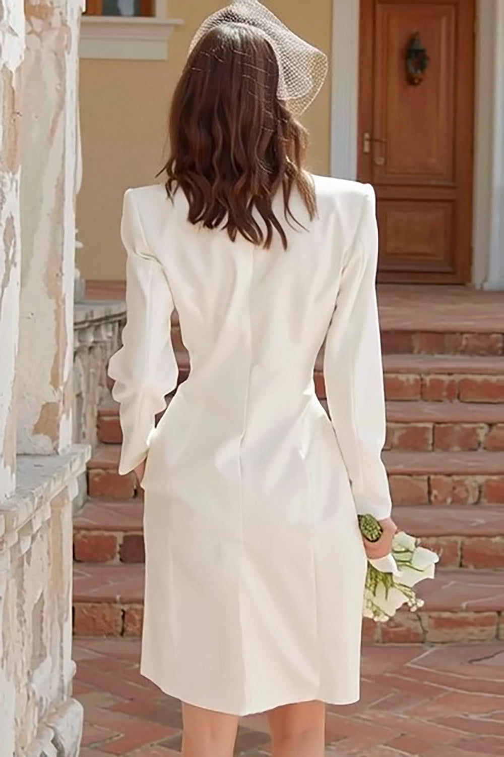 Ivory Shawl Lapel Satin Single Breasted Midi Blazer Wedding Dress