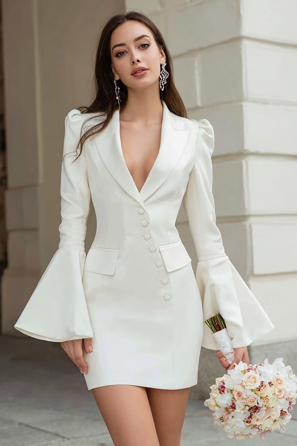 Leely Women Ivory Satin Short Blazer Wedding Dress Flare Sleeves Shawl Lapel Single Breasted Bodycon Bridal Blazer Dress