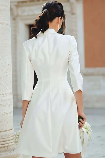 Ivory Notched Lapel A Line Satin Short Blazer Wedding Dress with Sleeves