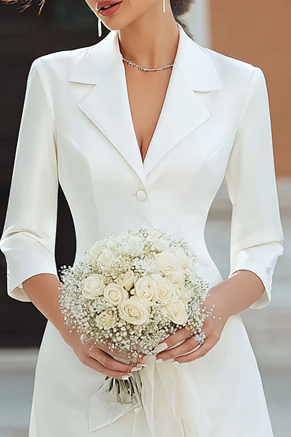 Ivory Notched Lapel A Line Satin Short Blazer Wedding Dress with Sleeves
