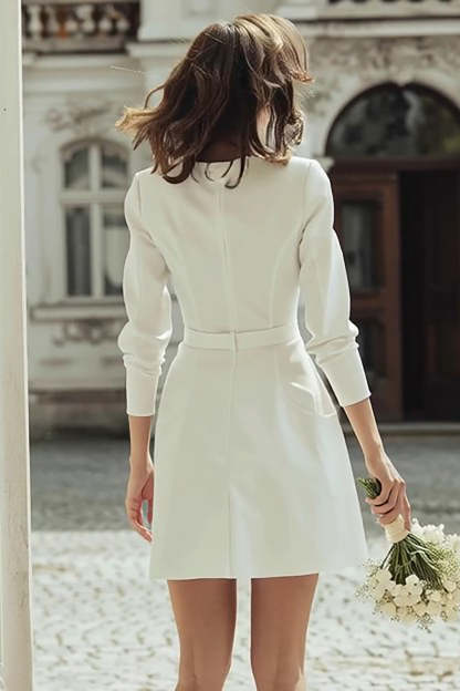 Ivory Boat Neck Bodycon Short Wedding Dress with Buttons