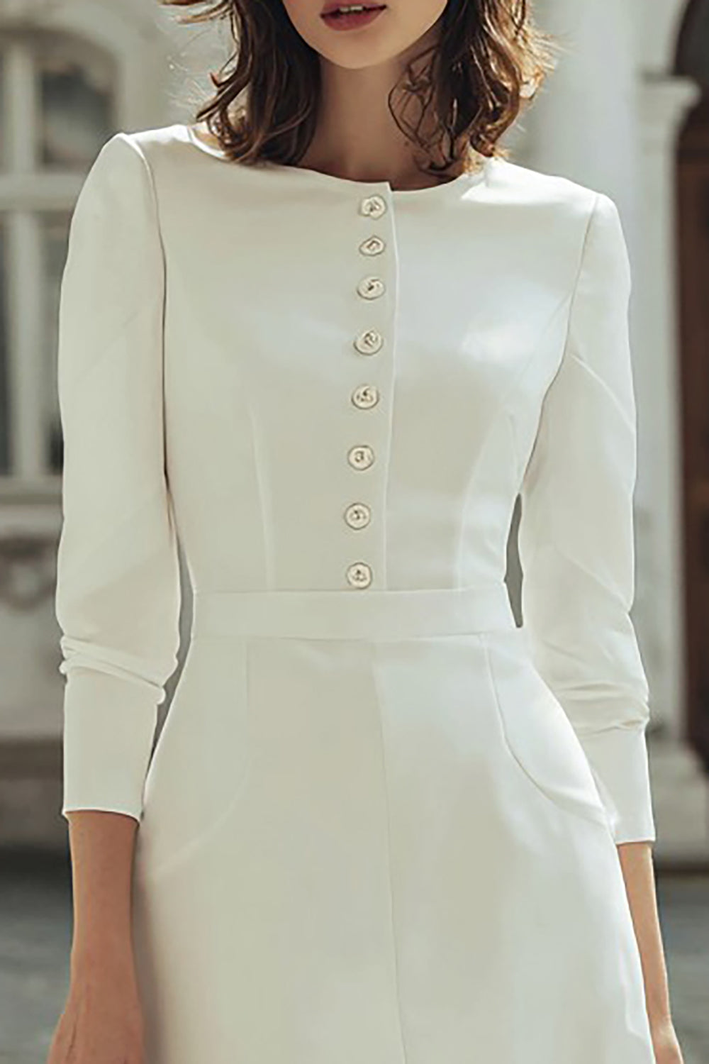Ivory Boat Neck Bodycon Short Wedding Dress with Buttons