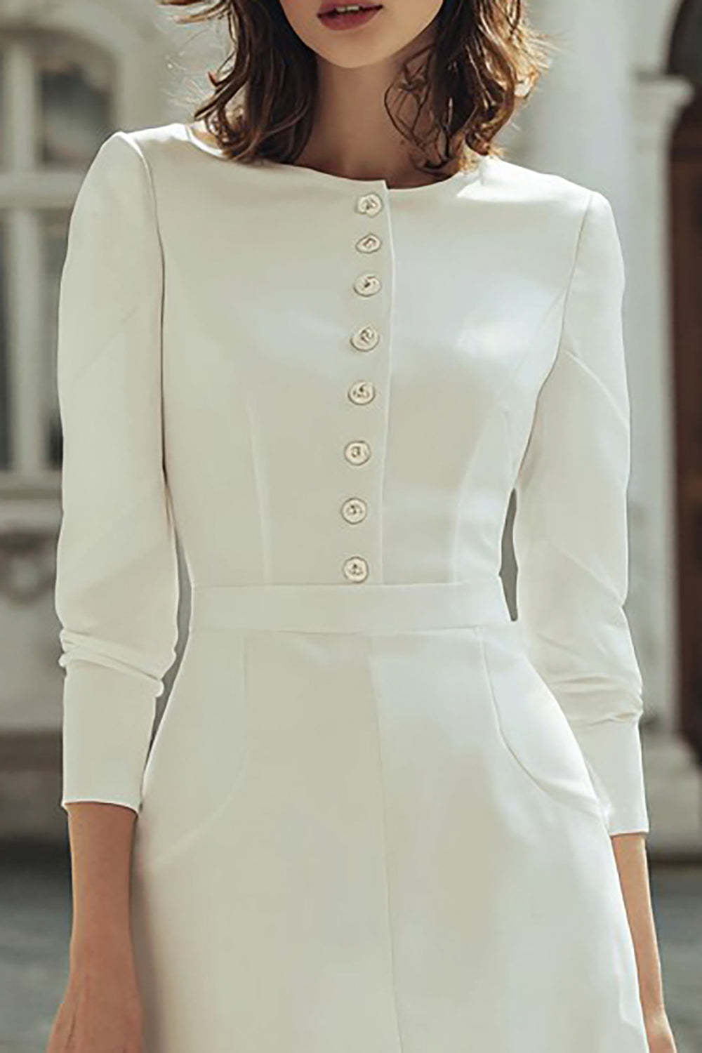 Ivory Boat Neck Bodycon Short Wedding Dress with Buttons