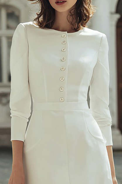 Ivory Boat Neck Bodycon Short Wedding Dress with Buttons