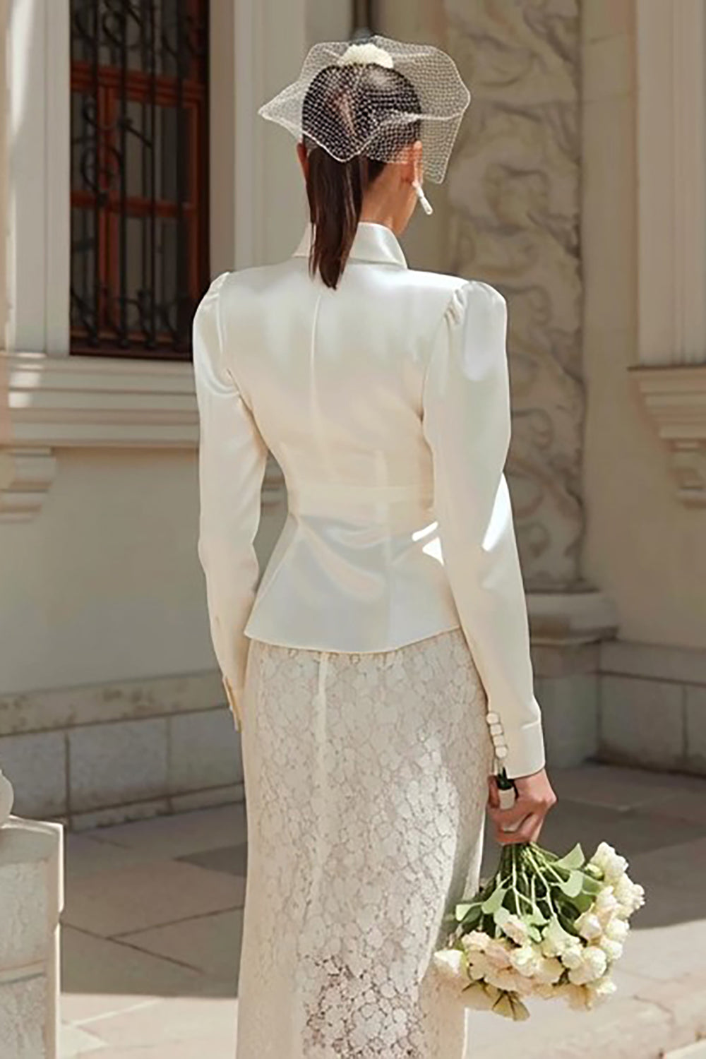 Ivory 2 Piece Satin Shawl Lapel Midi Wedding Outfits with Buttons
