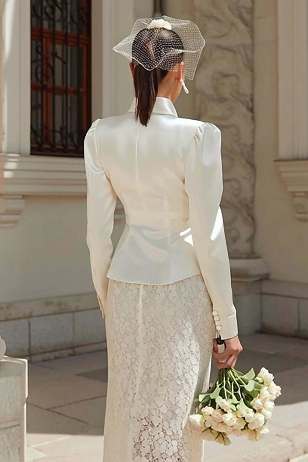 Ivory 2 Piece Satin Shawl Lapel Midi Wedding Outfits with Buttons