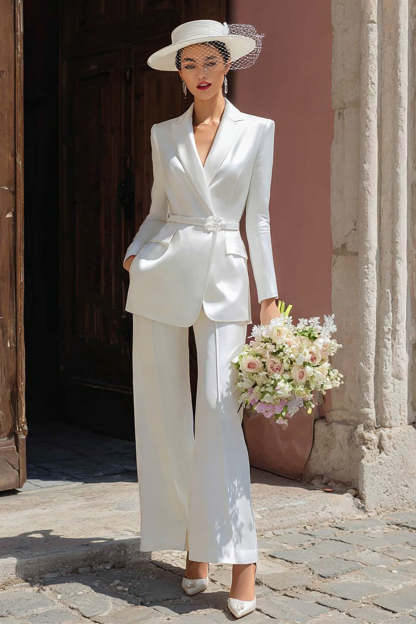 Leely Women Ivory Long Satin Blazer Wedding Pant Suits with Belt Notched Lapel Long Sleeves Bridal Blazer Pant Suits