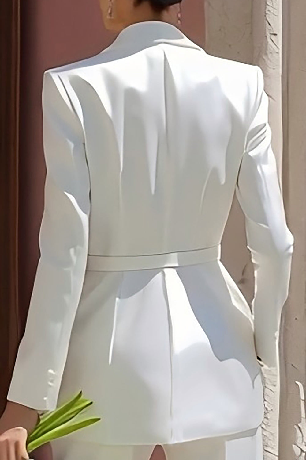 Ivory Notched Lapel Satin Long Blazer Wedding Pant Suits with Belt