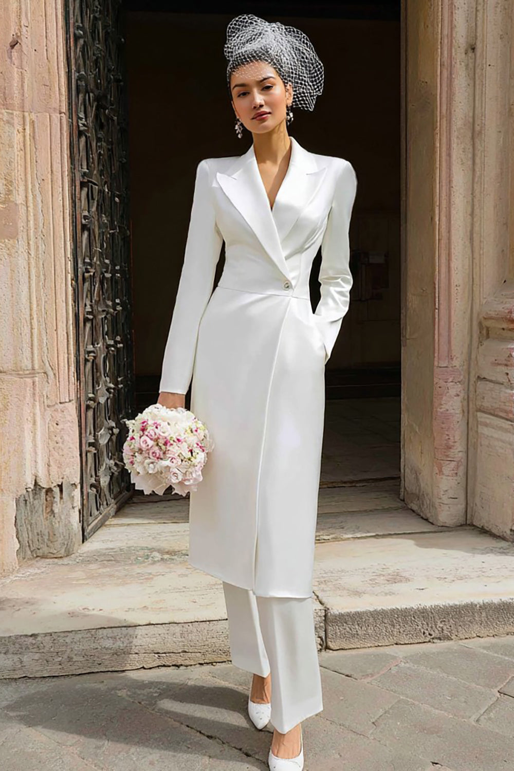 2 Piece Ivory Peak Lapel Long Blazer Wedding Pant Suits with Button