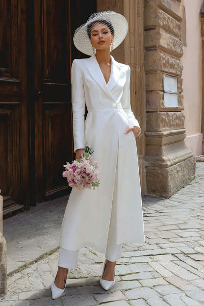 Leely Women Ivory Maxi Civil Blazer Wedding Pant Suits with Button Peak Lapel Long Sleeves Backless Bridal Blazer Pant Suits