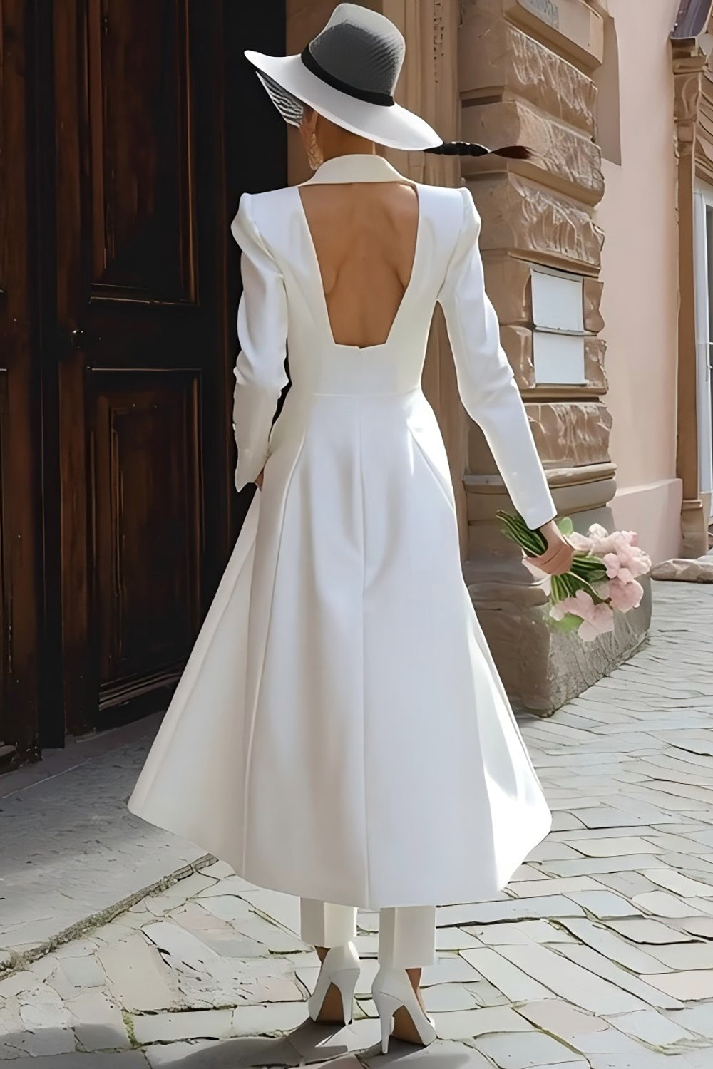 Peak Lapel Ivory 2 Piece Maxi Blazer Wedding Pant Suits with Sleeves