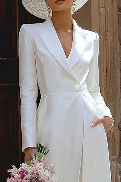 Peak Lapel Ivory 2 Piece Maxi Blazer Wedding Pant Suits with Sleeves