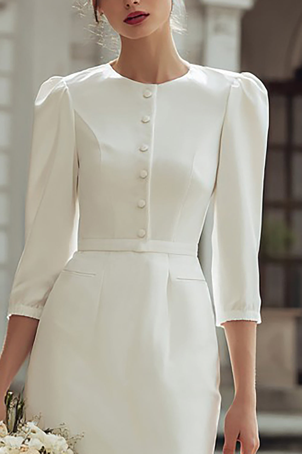 Ivory Round Neck Bodycon Midi Wedding Dress with Buttons