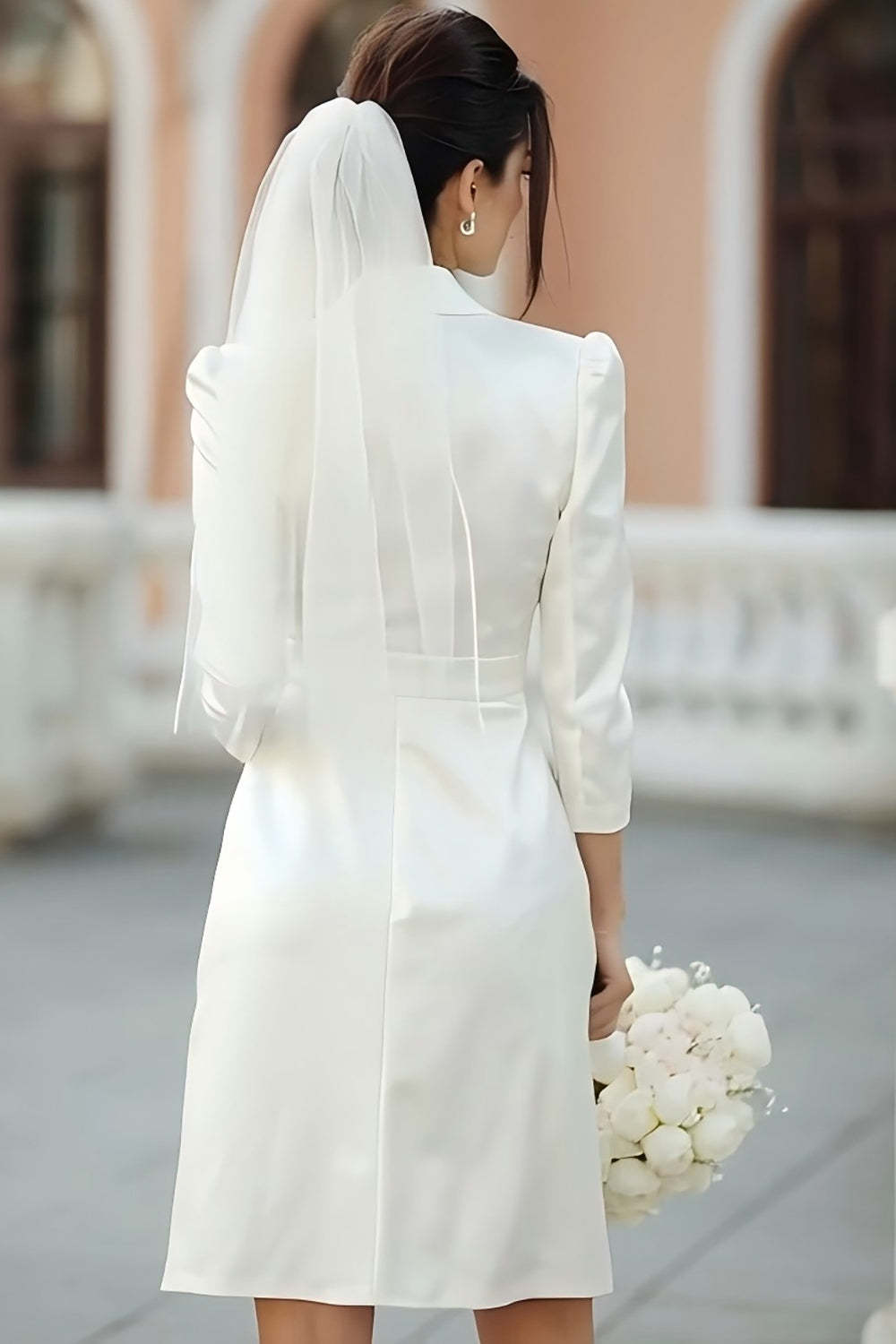 Ivory Notched Lapel Satin A Line Midi Blazer Wedding Dress