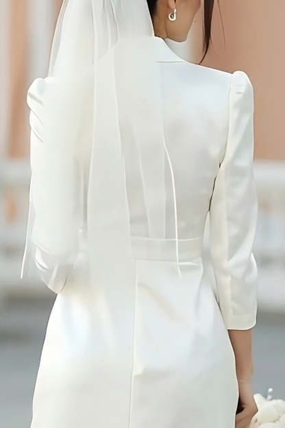 Ivory Notched Lapel Satin A Line Midi Blazer Wedding Dress
