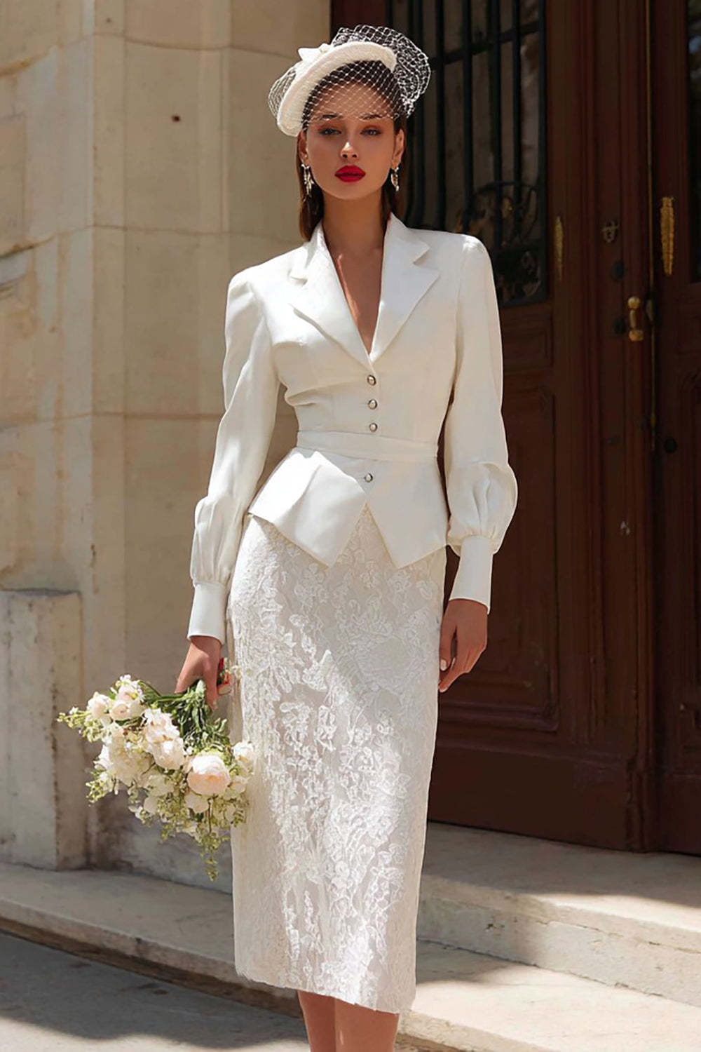 Leely Women Ivory Midi Bodycon Civil Wedding Dress Notched Lapel 2 Piece Blazer Bridal Outfits