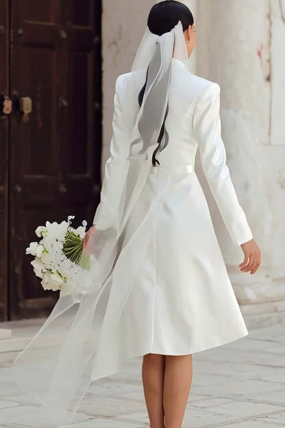 Ivory High Low Shawl Lapel Blazer Wedding Dress with Sleeves