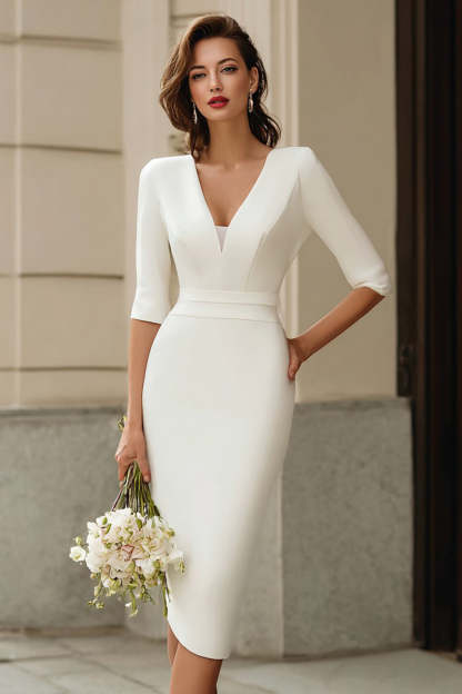 Leely Women Simple Ivory Midi Courthouse Wedding Dress with Sleeves Bodycon V-Neck Engagement Dress