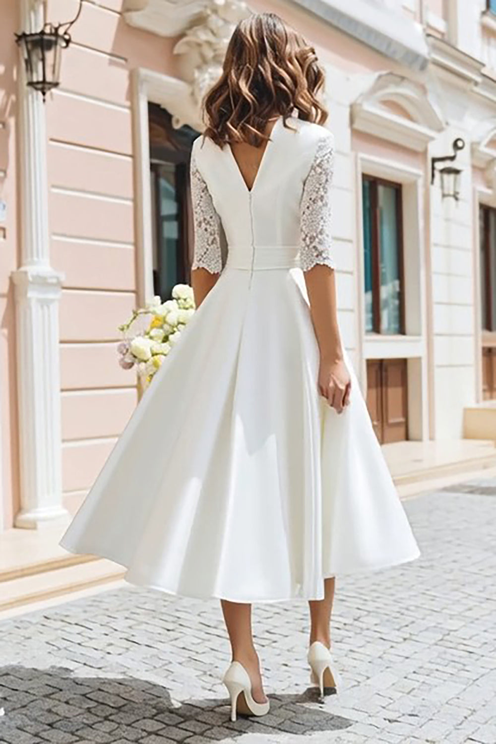 Ivory V-Neck A Line Midi Wedding Dress with Sleeves